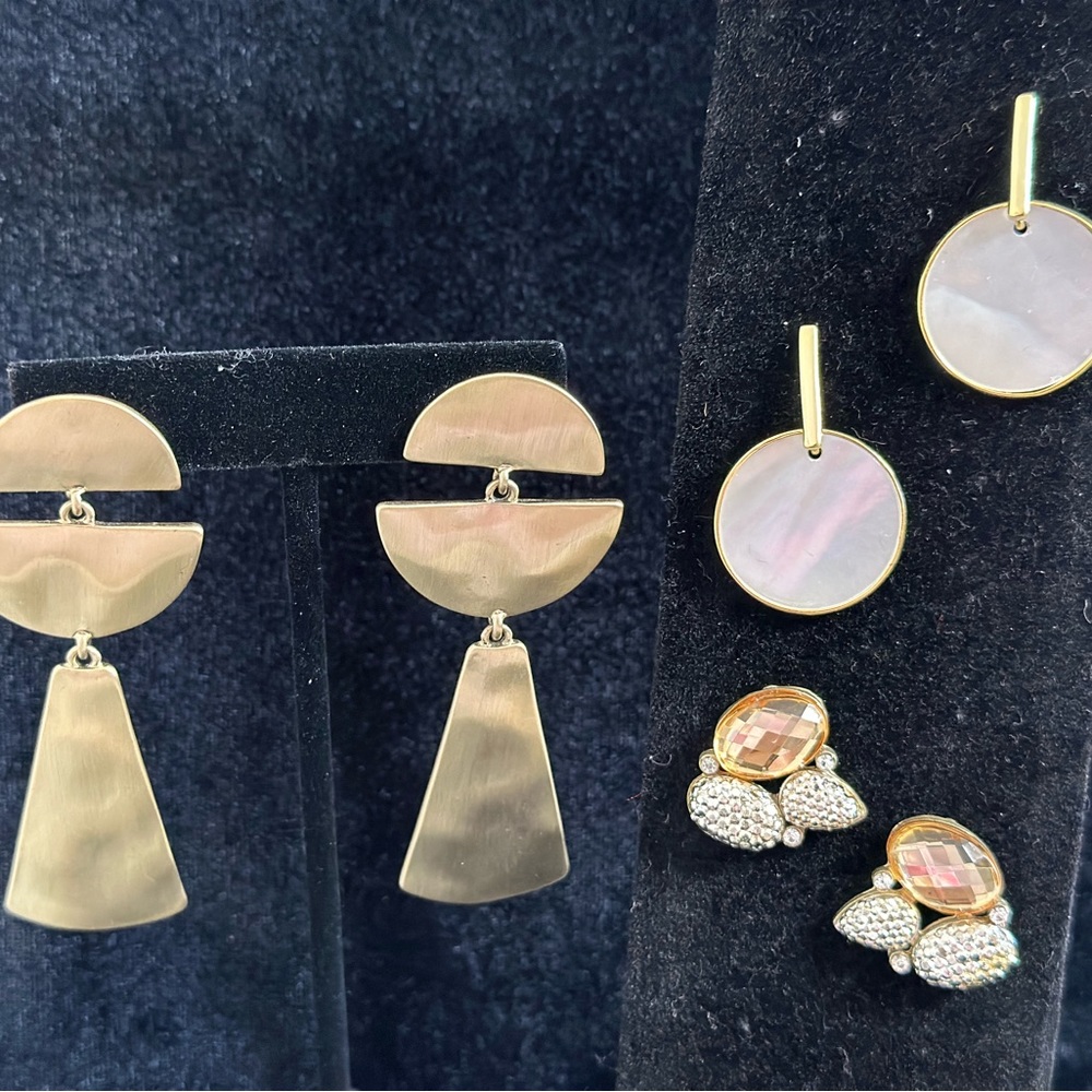 Three pair pierced earrings, gold with accents